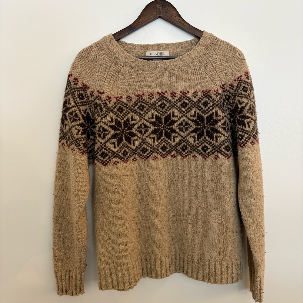 Heather Tweed Mens Fair Isle Lambswool Blend Sweater Tan Brown‎ Snowflake Size M
